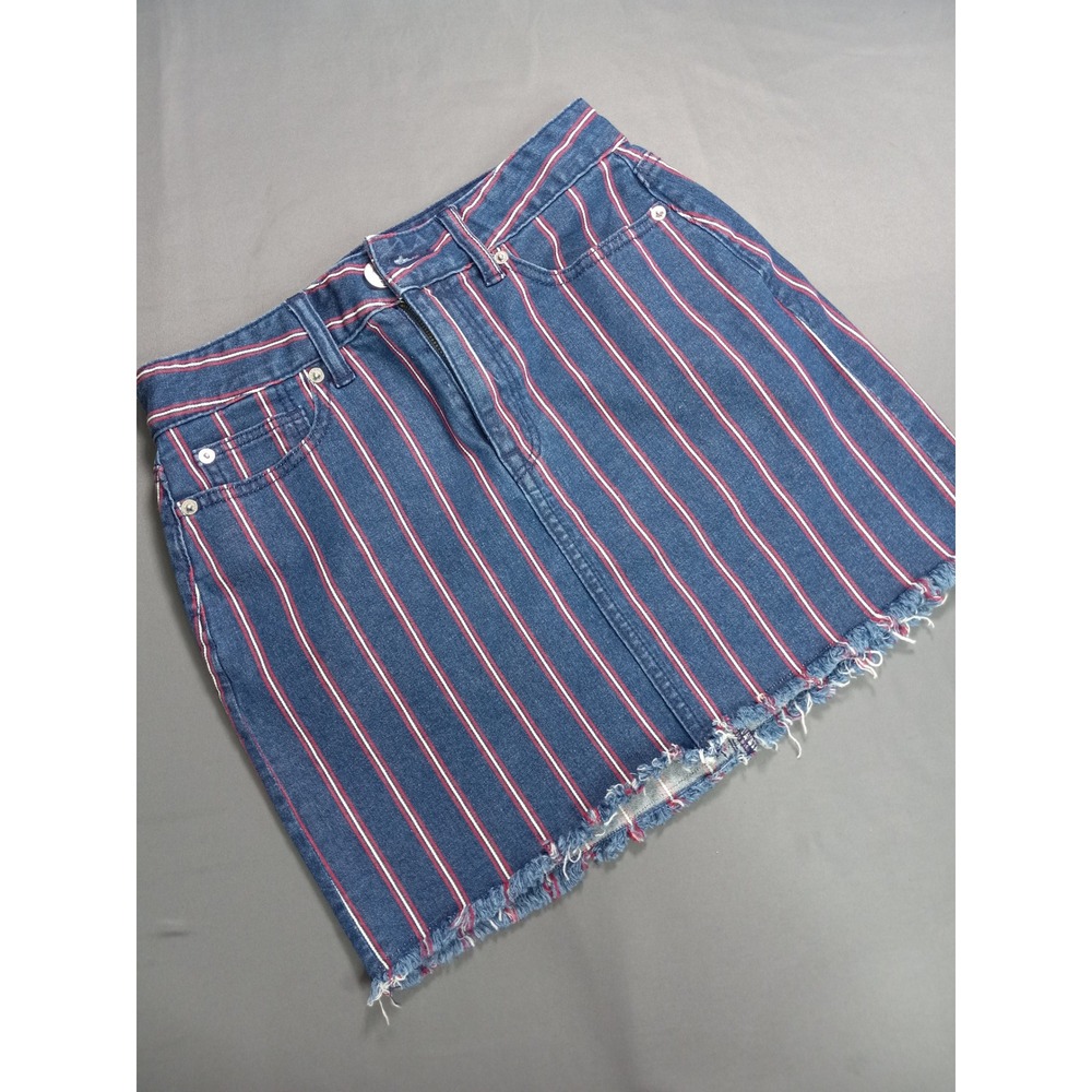 American Eagle Hi-Rise Mini Skirt Size 2‎ Striped Denim Stretch Frayed Edge
